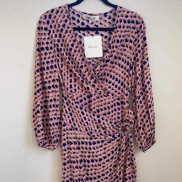 Diane Von Frustenberg Pink blue Draco Abstract print  3/4 sleeve dress 4 NWT - Picture 5 of 10